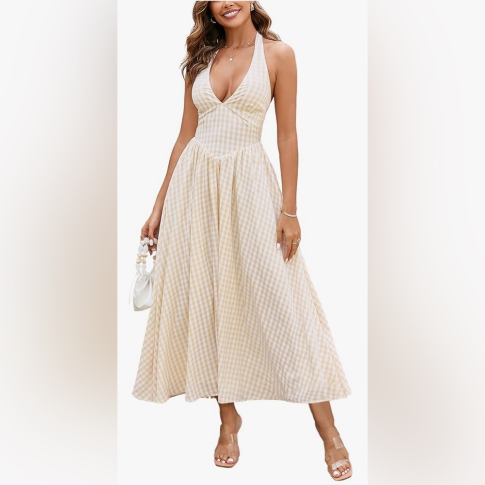 Amazon Cream and White Checkered Backless Dress